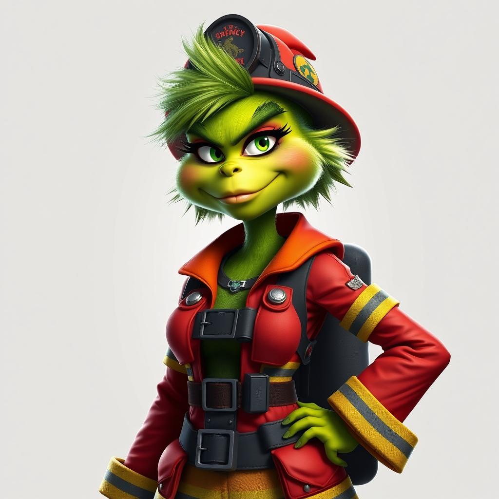 A female Grinch in a firefighter outfit, sporting a cool and edgy facial expression