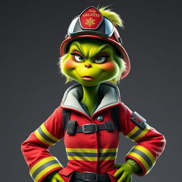 A female Grinch in a firefighter outfit, sporting a cool and edgy facial expression