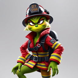 A female Grinch in a firefighter outfit, sporting a cool and edgy facial expression