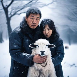 A high-definition photograph presents a unique family of three in a snowy, icy environment