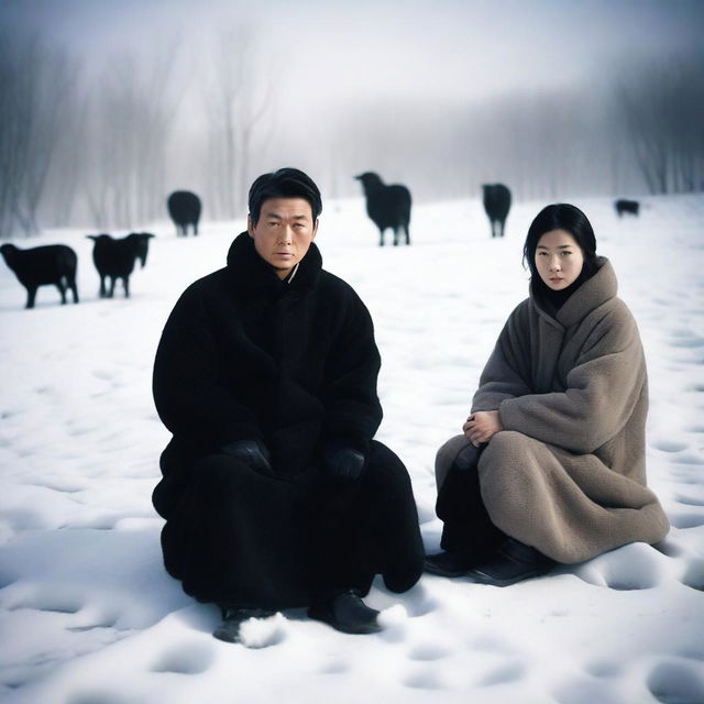 A high-quality photograph captures a serious young to middle-aged Chinese couple in the midst of a snowy, icy landscape