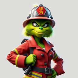 A female Grinch dressed in a firefighter uniform, with a cool and fierce facial expression