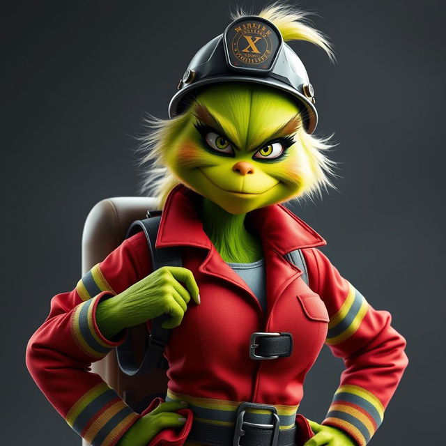 A female Grinch dressed in a firefighter uniform, with a cool and fierce facial expression
