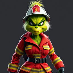 A female Grinch dressed in a firefighter uniform, with a cool and fierce facial expression
