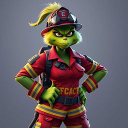 A female Grinch dressed in a firefighter uniform, with a cool and fierce facial expression
