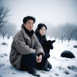 A high-quality photograph captures a serious young to middle-aged Chinese couple in the midst of a snowy, icy landscape