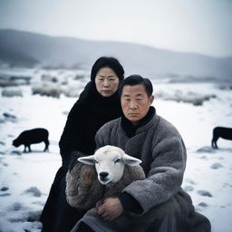 A high-quality photograph captures a serious young to middle-aged Chinese couple in the midst of a snowy, icy landscape