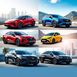 A vibrant and dynamic showcase of four Chinese cars showcasing their unique designs and features