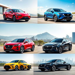 A vibrant and dynamic showcase of four Chinese cars showcasing their unique designs and features