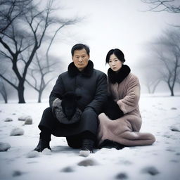 A high-quality photograph captures a serious young to middle-aged Chinese couple in the midst of a snowy, icy landscape