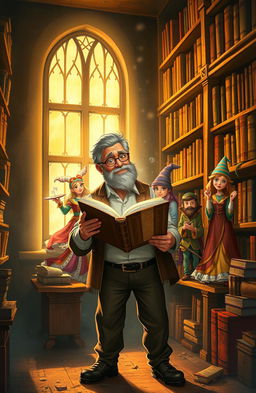 An enchanting scene depicting a middle-aged man named Armando discovering a magical book in an old library
