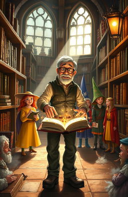 An enchanting scene depicting a middle-aged man named Armando discovering a magical book in an old library