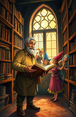 An enchanting scene depicting a middle-aged man named Armando discovering a magical book in an old library