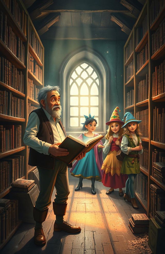 An enchanting scene depicting a middle-aged man named Armando discovering a magical book in an old library