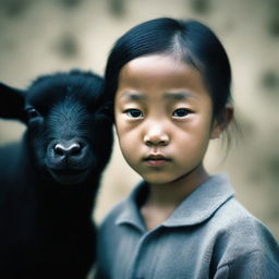 This is a high-quality photograph featuring a young Chinese girl looking sadly towards the camera