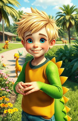 A whimsical scene featuring a boy with dinosaur features, showcasing bright green scales on his arms and a tail, alongside his striking blonde hair and fair skin