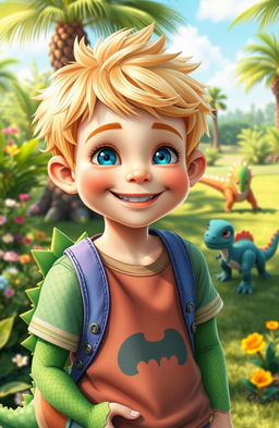 A whimsical scene featuring a boy with dinosaur features, showcasing bright green scales on his arms and a tail, alongside his striking blonde hair and fair skin