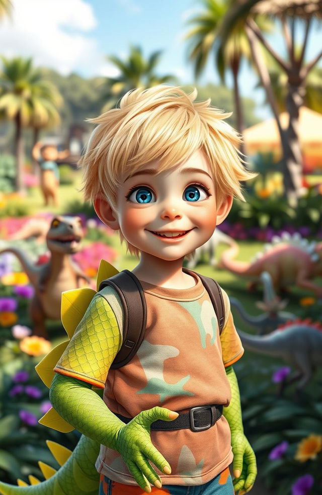 A whimsical scene featuring a boy with dinosaur features, showcasing bright green scales on his arms and a tail, alongside his striking blonde hair and fair skin