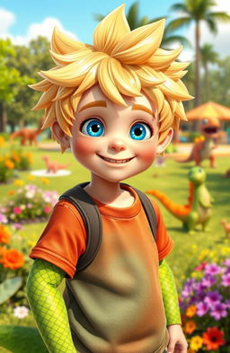 A whimsical scene featuring a boy with dinosaur features, showcasing bright green scales on his arms and a tail, alongside his striking blonde hair and fair skin