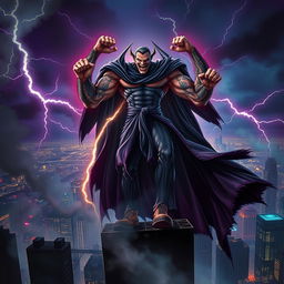 A menacing villain towering over a cityscape at night, featuring four powerful arms flexed and showcasing intricate tattoos