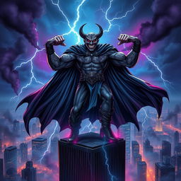 A menacing villain towering over a cityscape at night, featuring four powerful arms flexed and showcasing intricate tattoos