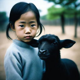 This is a high-quality photograph featuring a young Chinese girl looking sadly towards the camera