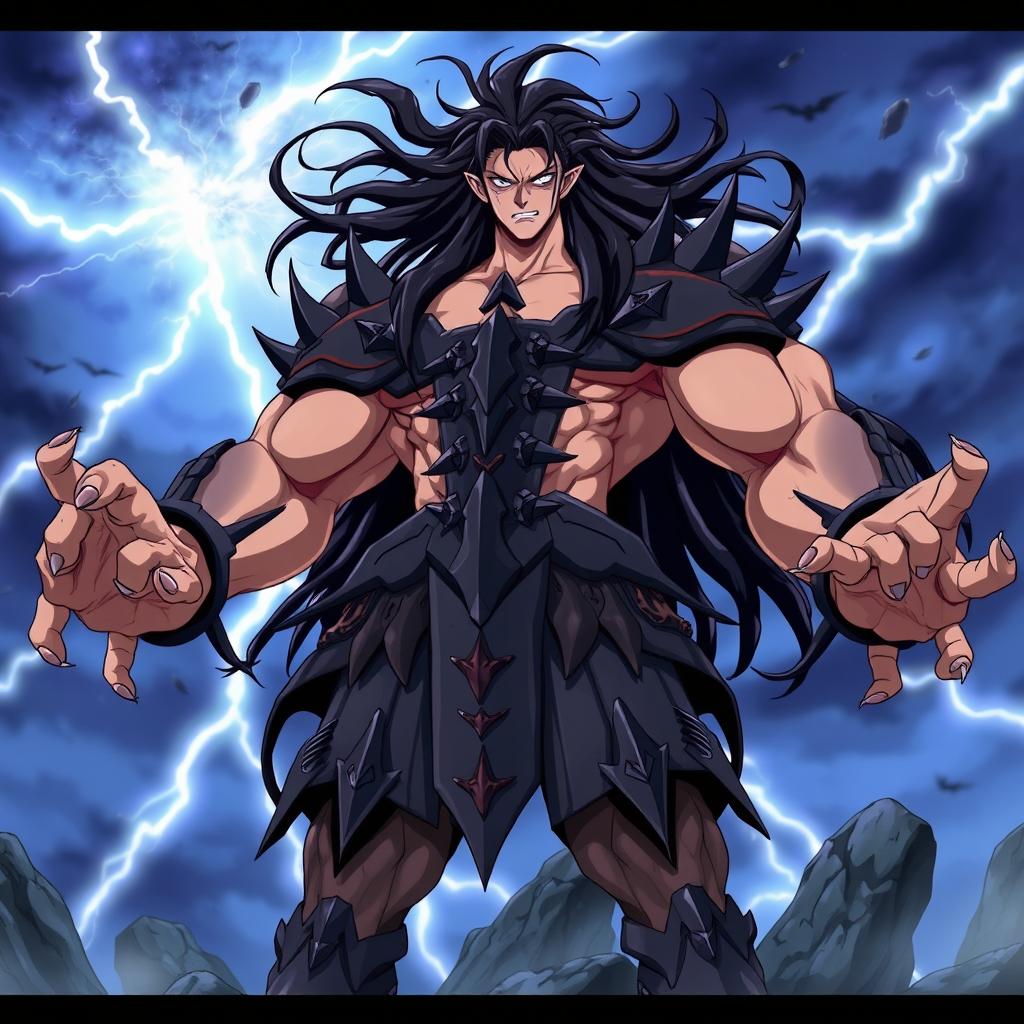 A powerful, malevolent anime villain with four muscular arms, standing in a dramatic pose