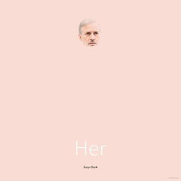 A minimalist movie poster for the film 'Her', prominently featuring Joaquin Phoenix's character in the center