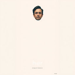 A minimalist movie poster for the film 'Her', prominently featuring Joaquin Phoenix's character in the center