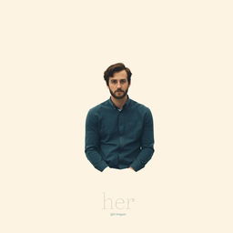 A minimalist movie poster for the film 'Her', prominently featuring Joaquin Phoenix's character in the center
