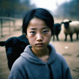 This is a high-quality photograph capturing an eighteen-year-old Chinese girl looking towards the camera with a sad expression