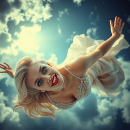 A beautiful blonde woman with striking blue eyes and vivid red lips is falling gracefully from the sky