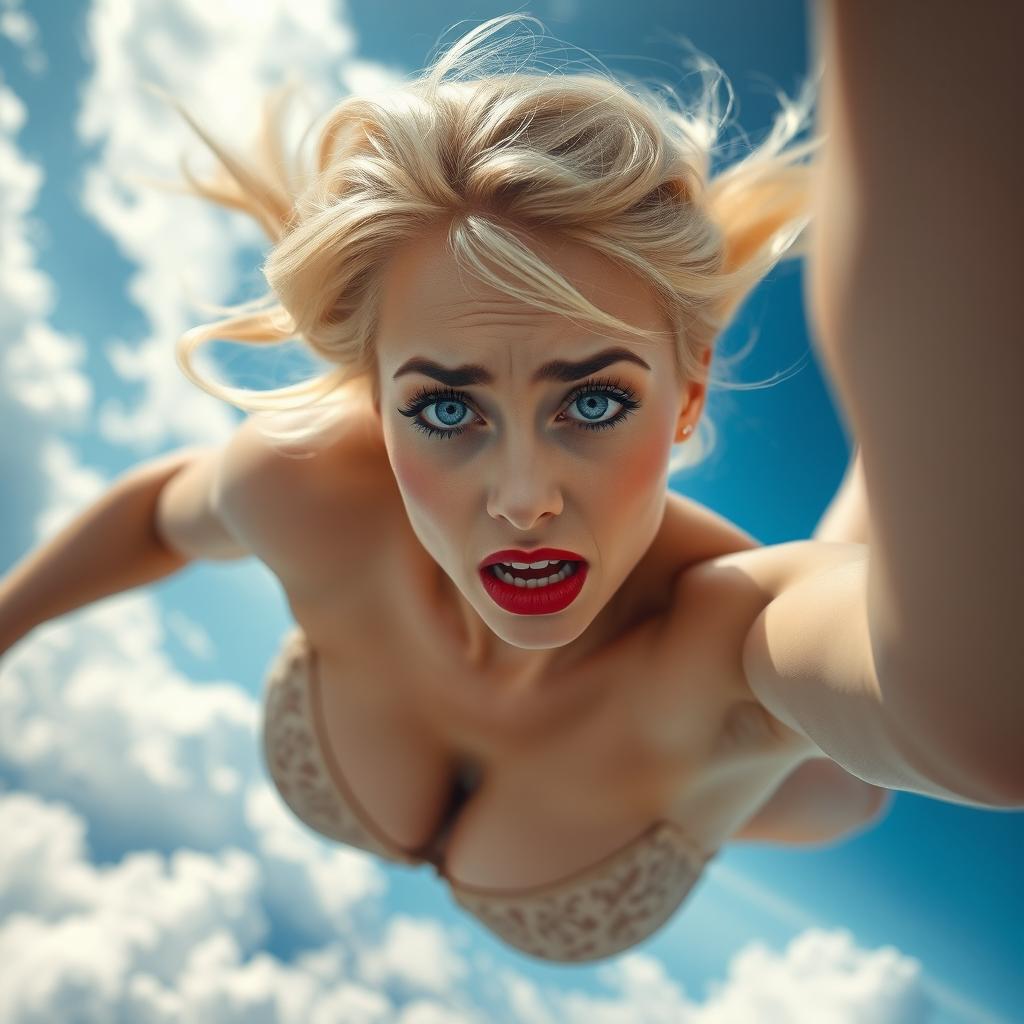 A beautiful blonde woman with striking blue eyes and bold red lips is falling from the sky