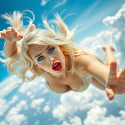 A beautiful blonde woman with striking blue eyes and bold red lips is falling from the sky