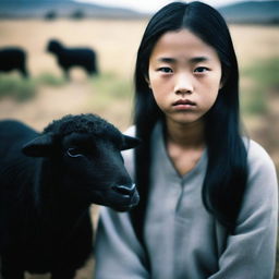 This is a high-quality photograph capturing an eighteen-year-old Chinese girl looking towards the camera with a sad expression