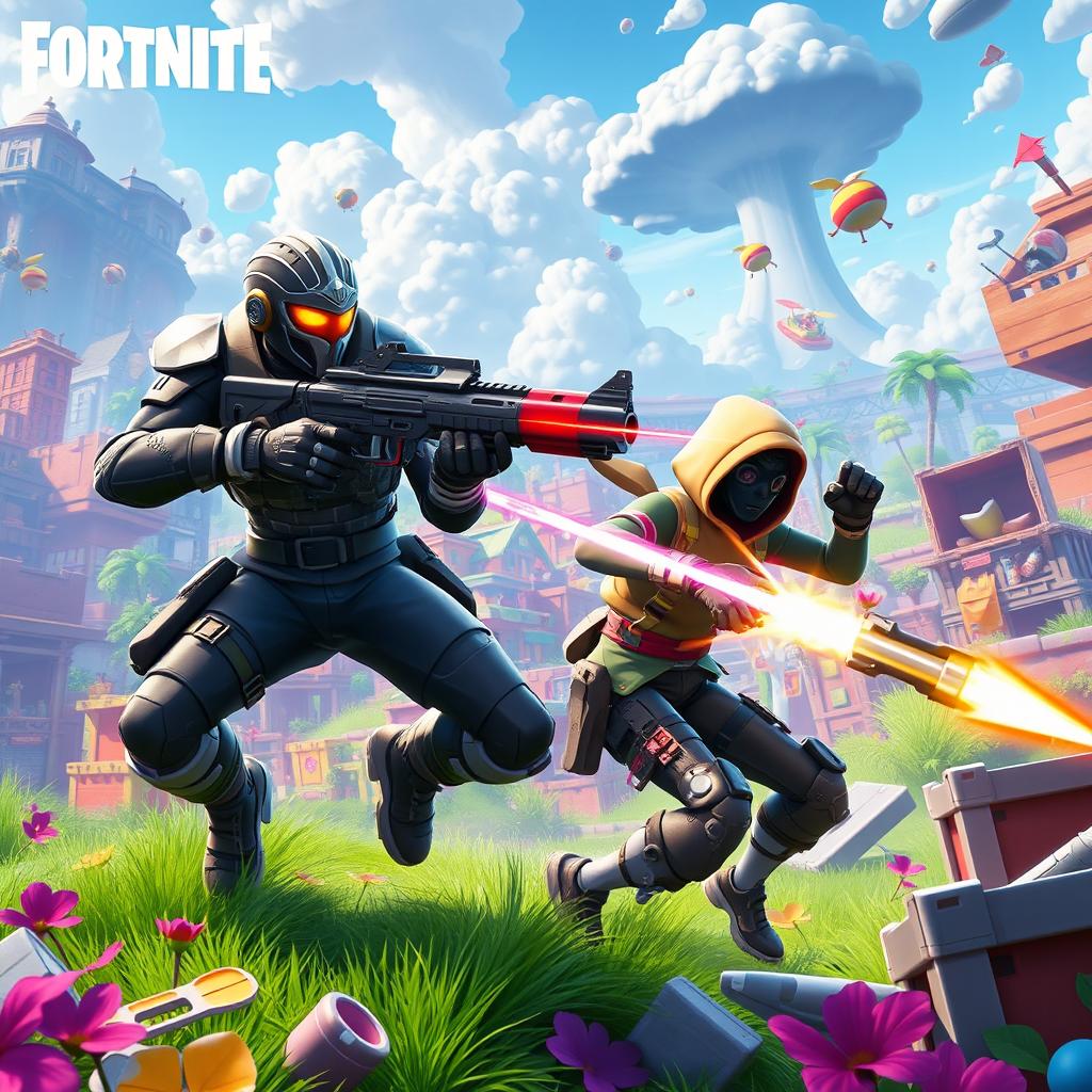 A dynamic scene of two Fortnite characters battling in a colorful, chaotic environment filled with vibrant buildings, lush vegetation, and floating loot