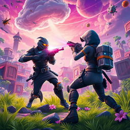 A dynamic scene of two Fortnite characters battling in a colorful, chaotic environment filled with vibrant buildings, lush vegetation, and floating loot