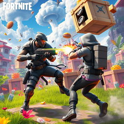 A dynamic scene of two Fortnite characters battling in a colorful, chaotic environment filled with vibrant buildings, lush vegetation, and floating loot