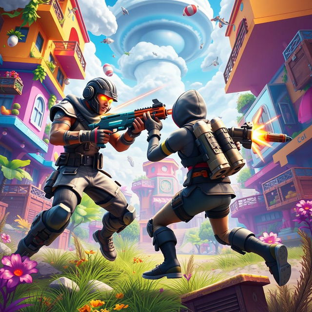 A dynamic scene of two Fortnite characters battling in a colorful, chaotic environment filled with vibrant buildings, lush vegetation, and floating loot