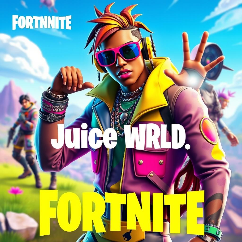 A Fortnite-themed thumbnail featuring Juice WRLD's iconic style, with vibrant and dynamic colors that capture the energetic essence of both Fortnite and Juice WRLD's music