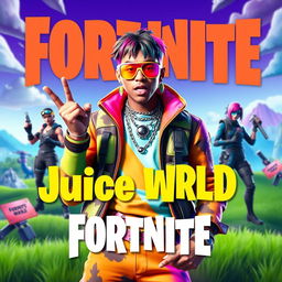 A Fortnite-themed thumbnail featuring Juice WRLD's iconic style, with vibrant and dynamic colors that capture the energetic essence of both Fortnite and Juice WRLD's music
