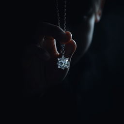 A boy's hand holding a sparkling diamond necklace, shaded in deep blacks and dark ess, creating a shadowy, ethereal ambiance