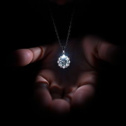 A boy's hand holding a sparkling diamond necklace, shaded in deep blacks and dark ess, creating a shadowy, ethereal ambiance