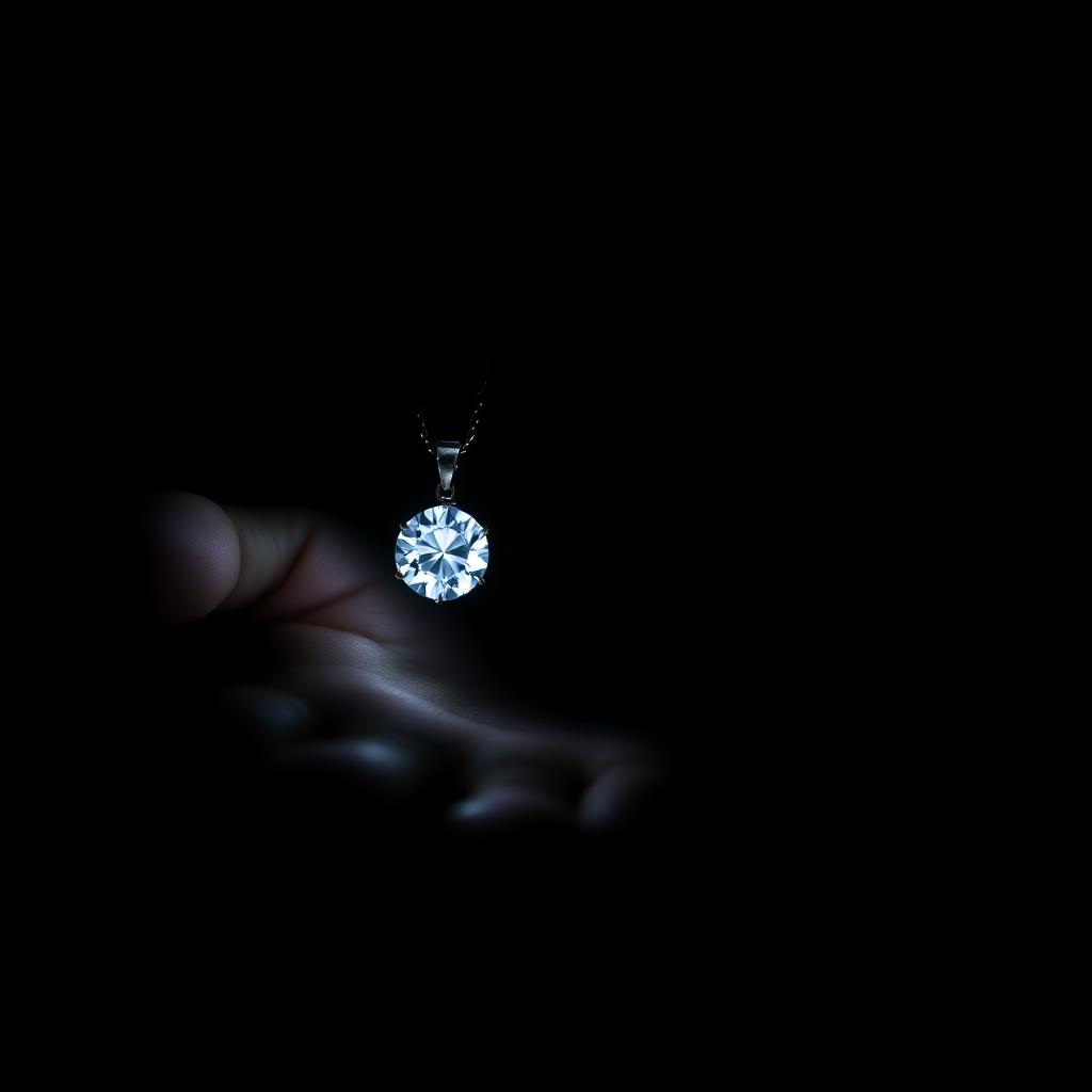 A boy's hand holding a sparkling diamond necklace, shaded in deep blacks and dark ess, creating a shadowy, ethereal ambiance