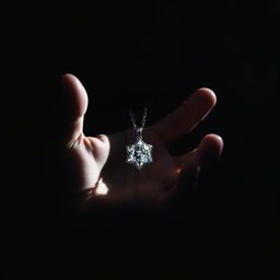 A boy's hand holding a sparkling diamond necklace, shaded in deep blacks and dark ess, creating a shadowy, ethereal ambiance