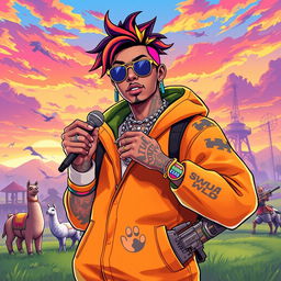 A powerful and colorful illustration of Juice WRLD as a Fortnite character, featuring his signature style with vibrant, oversized clothing, colorful tattoos, and a unique hairstyle