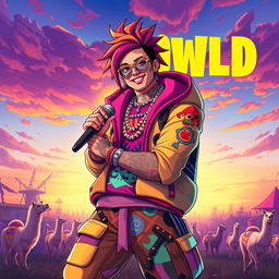 A powerful and colorful illustration of Juice WRLD as a Fortnite character, featuring his signature style with vibrant, oversized clothing, colorful tattoos, and a unique hairstyle