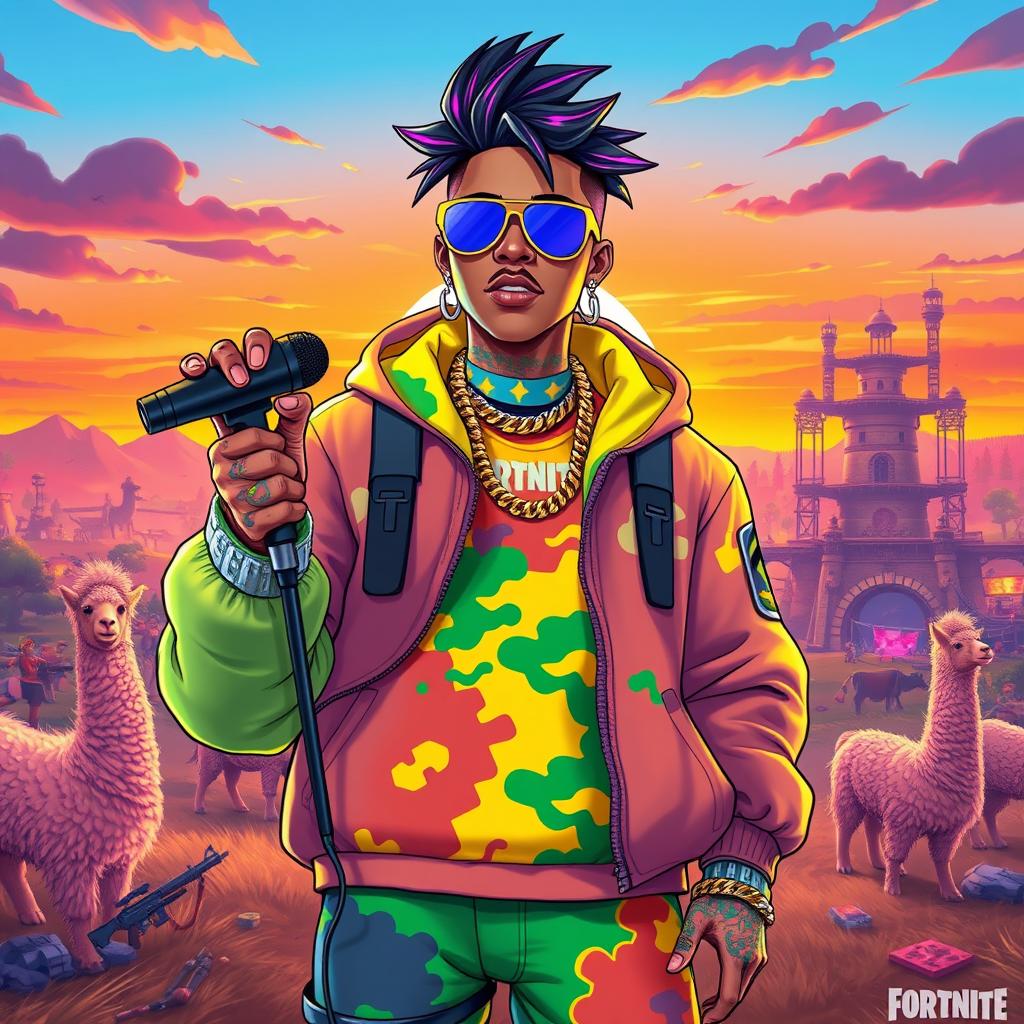 A powerful and colorful illustration of Juice WRLD as a Fortnite character, featuring his signature style with vibrant, oversized clothing, colorful tattoos, and a unique hairstyle