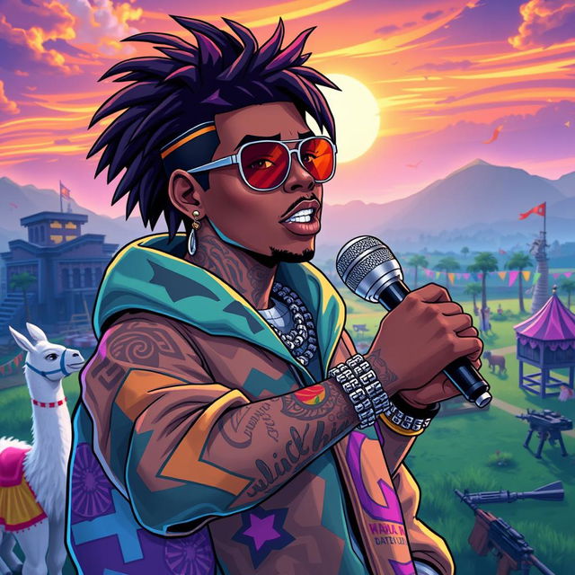 A powerful and colorful illustration of Juice WRLD as a Fortnite character, featuring his signature style with vibrant, oversized clothing, colorful tattoos, and a unique hairstyle