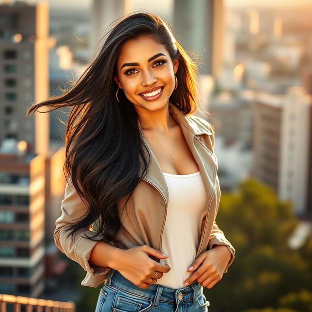 A stunning portrait of Greice Gadioli Cipriano, a confident and charismatic young woman standing in an urban setting